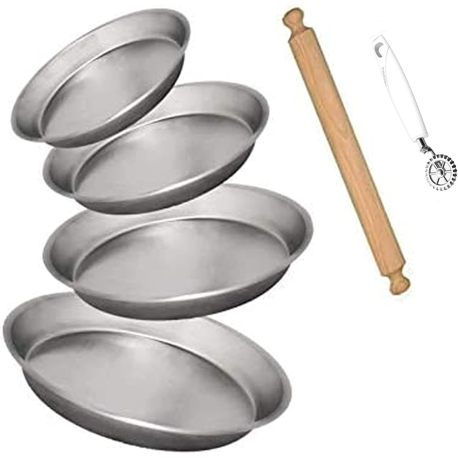 TEMU Set Of 4 Wheels (molds, Tart Pans) For Pastiera And Tartlets, 20cm, 22cm, 24cm, 26cm Diameter, With Rolling Pin And Dough Cutter