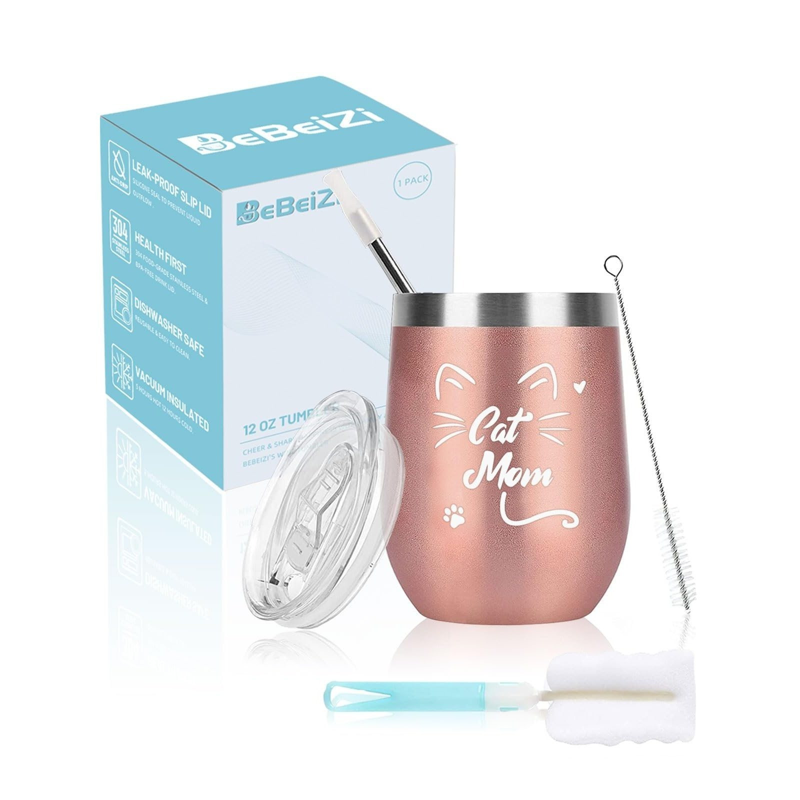 Image of Gifts For Mom, Stainless Steel Wine Glass With "cat Mom" In The World, Vacuum Insulated Thermal Tumbler To Go With Lid And Straw, Birthday Gift For Mom, Christmas Gifts, 350ml