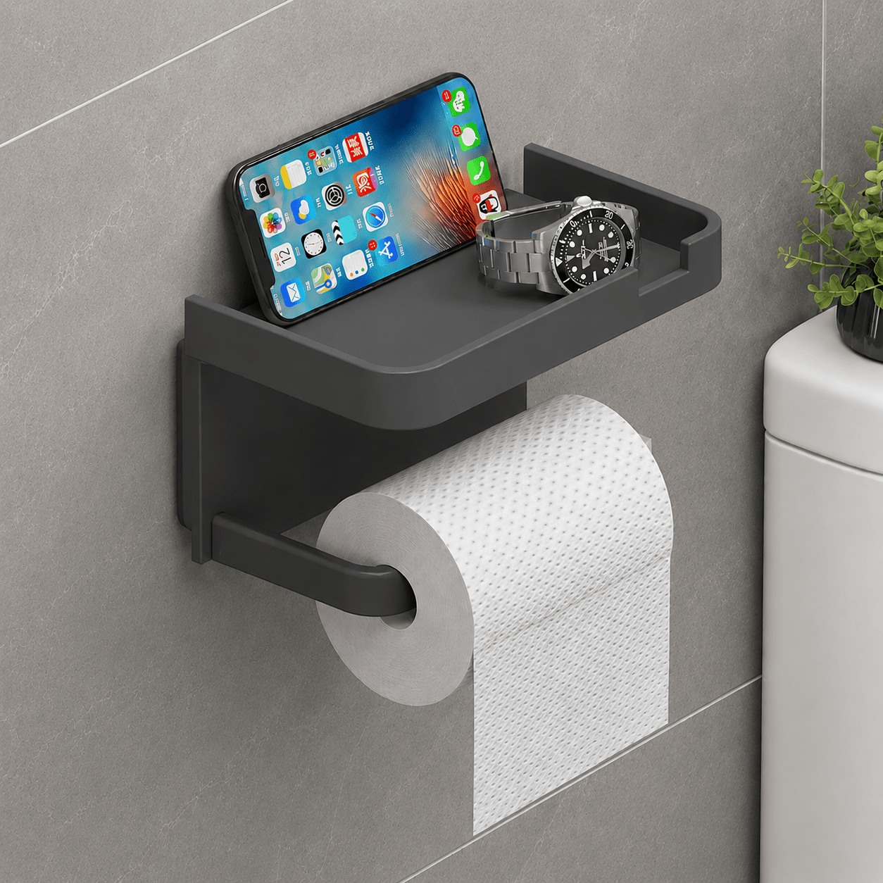 TEMU Portarrollos de Papel Higiénico con Estante para Móvil, Soporte Adhesivo de Pared sin Taladro, Organizador de Baño Multifuncional para Teléfono,