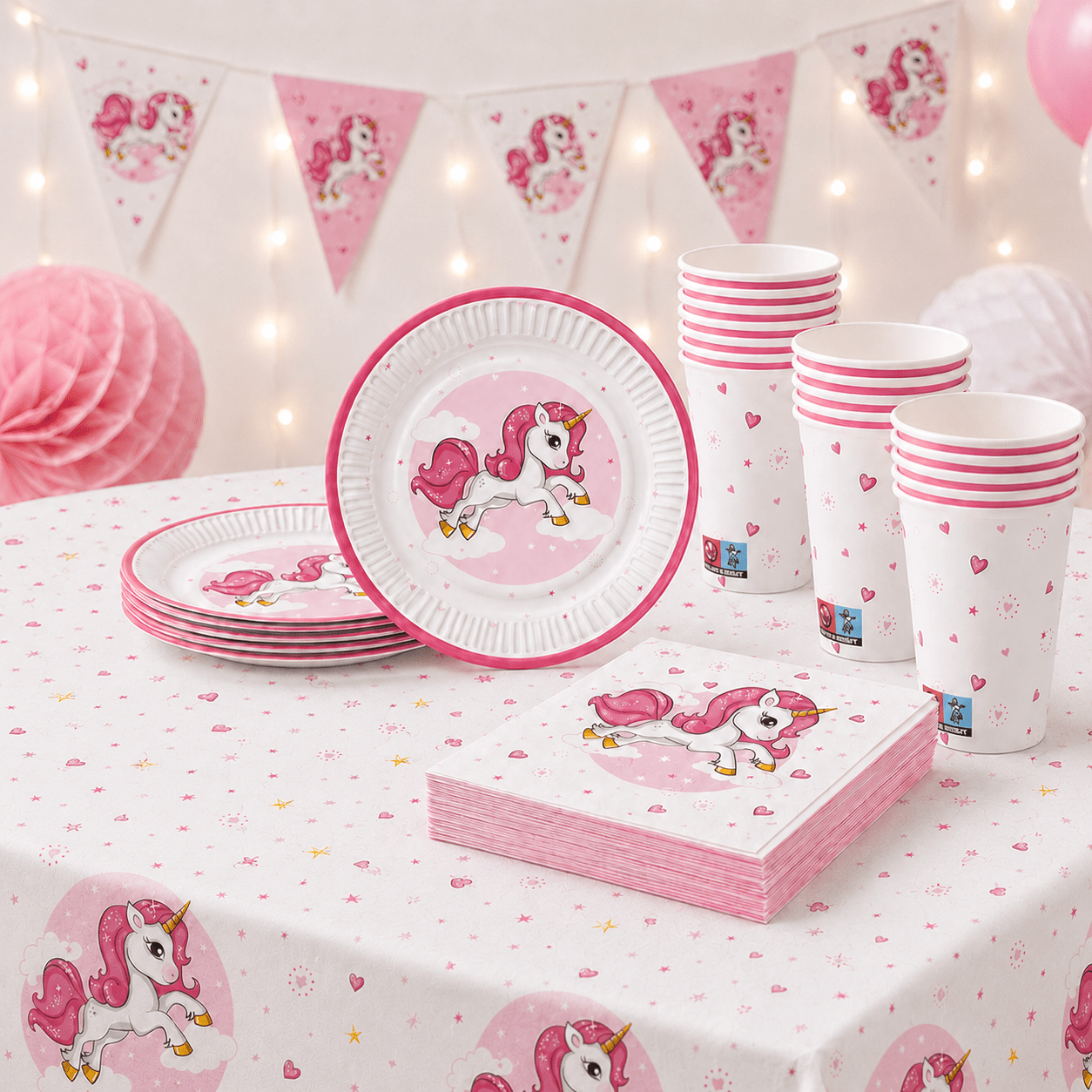 Image of Unicorn Party Set Pink For 8 People, 45-piece With Tablecloth, Plates, And Cups, Unicorn Party Tableware For Birthday, , Anniversary, And Celebration