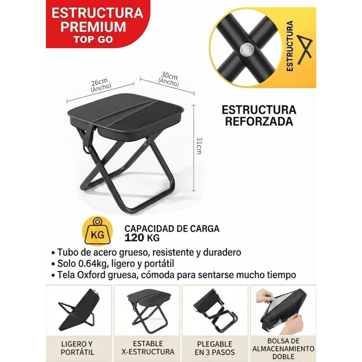 TEMU Taburete Plegable. de llevar, solo pesa 0.64kg. Tamaño : Ancho 26cm x Ancho 30cm x 31cm. 120kg. Ideal para camíng, , viaje.