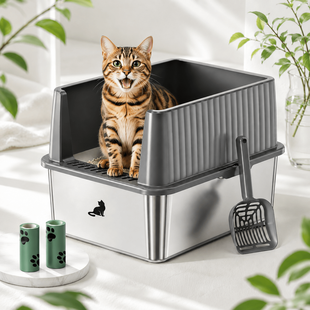 Image of Stainless Steel Cat Litter Box (with/without Partition) – 5 Sizes (40x20x15cm To 60.3x40x31cm) | , Hygienic & Easy To Clean | Including Anti-slip Pads | For All Cats (small, Medium, Large)