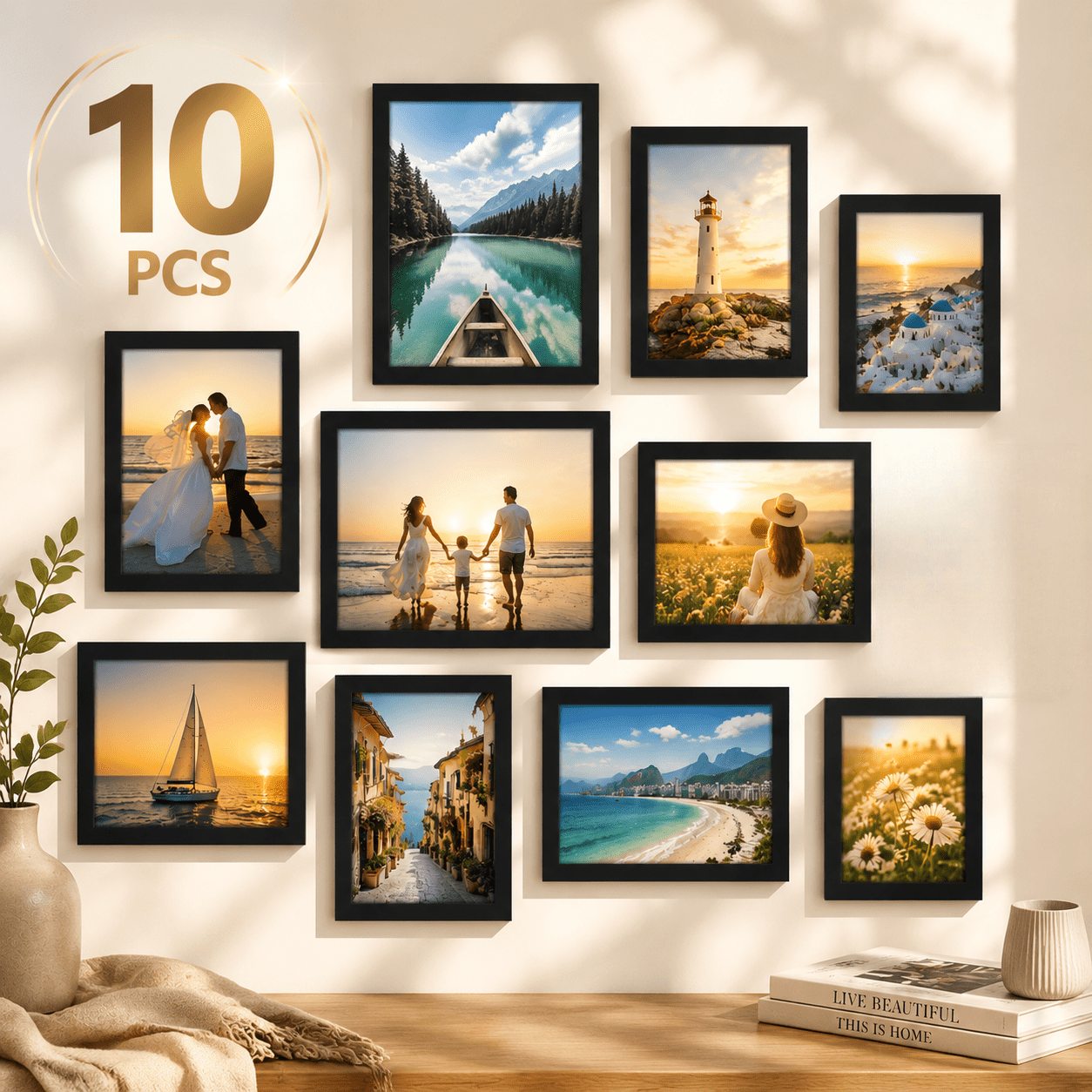 TEMU 10pcs Black Photo Frame Set, Multiple Sizes 4x6, 5x7, 8x10 Gallery Wall Frame Collage, Wall Mounted And Desktop Display, With Built-in Bracket,