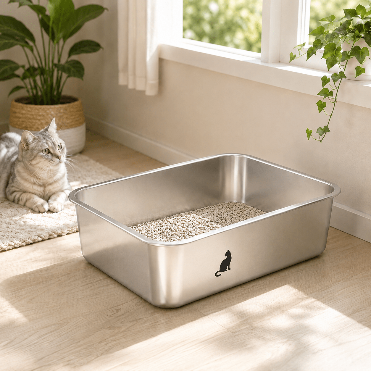 Image of Stainless Steel Litter Box – 3 Sizes (40x30x15 / 50x35x15 / 60x40x15 Cm) | Hygienic, Scratch-resistant & Easy To Clean | Includes 4 Non-slip Pads + 1 | For Small, Medium & Large Cats