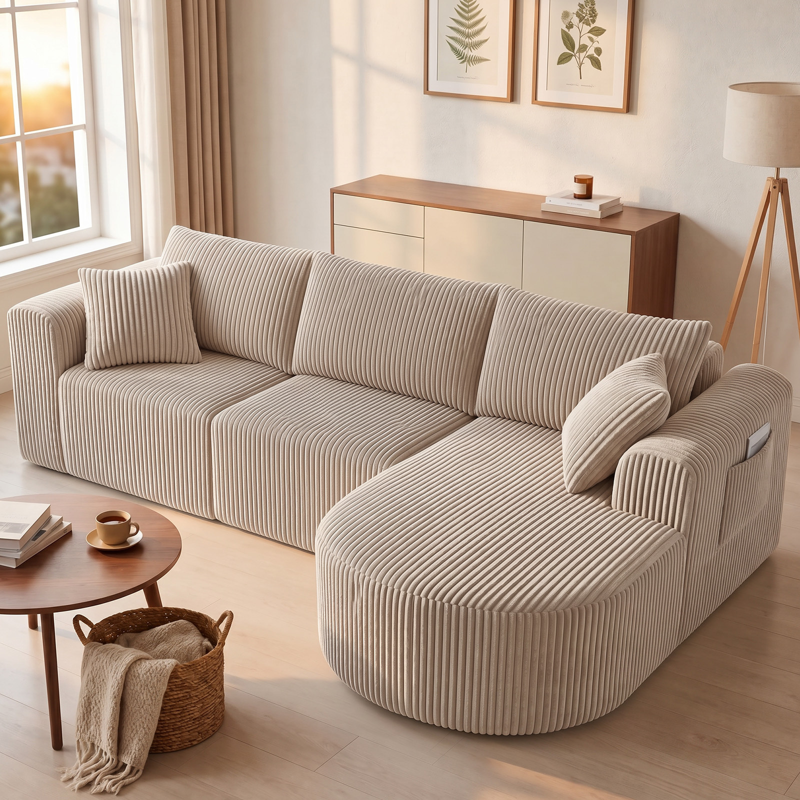 Image of Luckracer Corner Sofa With Sleeping Function, Corduroy Modular Boneless Couch With Chaise Longue, L-shaped Sleeper Sofa, Sectional Sofas With Cushions & Side Pockets, Sofa For Living Room, No .