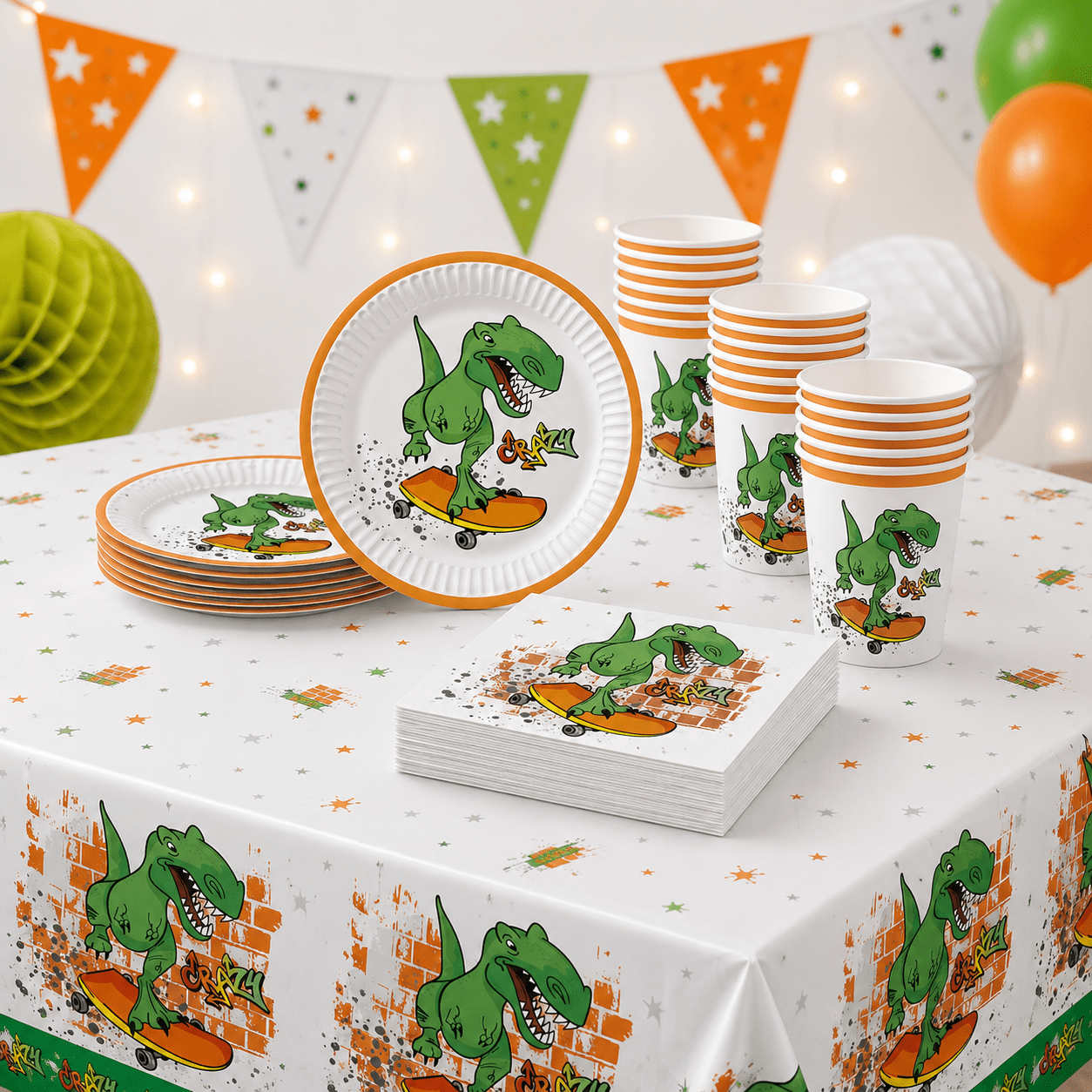 Image of Party Set Crazy Dinosaurs Dino For 8 People, Tablecloth, Plates, Cups, Napkins, 45 Pcs, Dinosaur Birthday, Grill, Anniversary