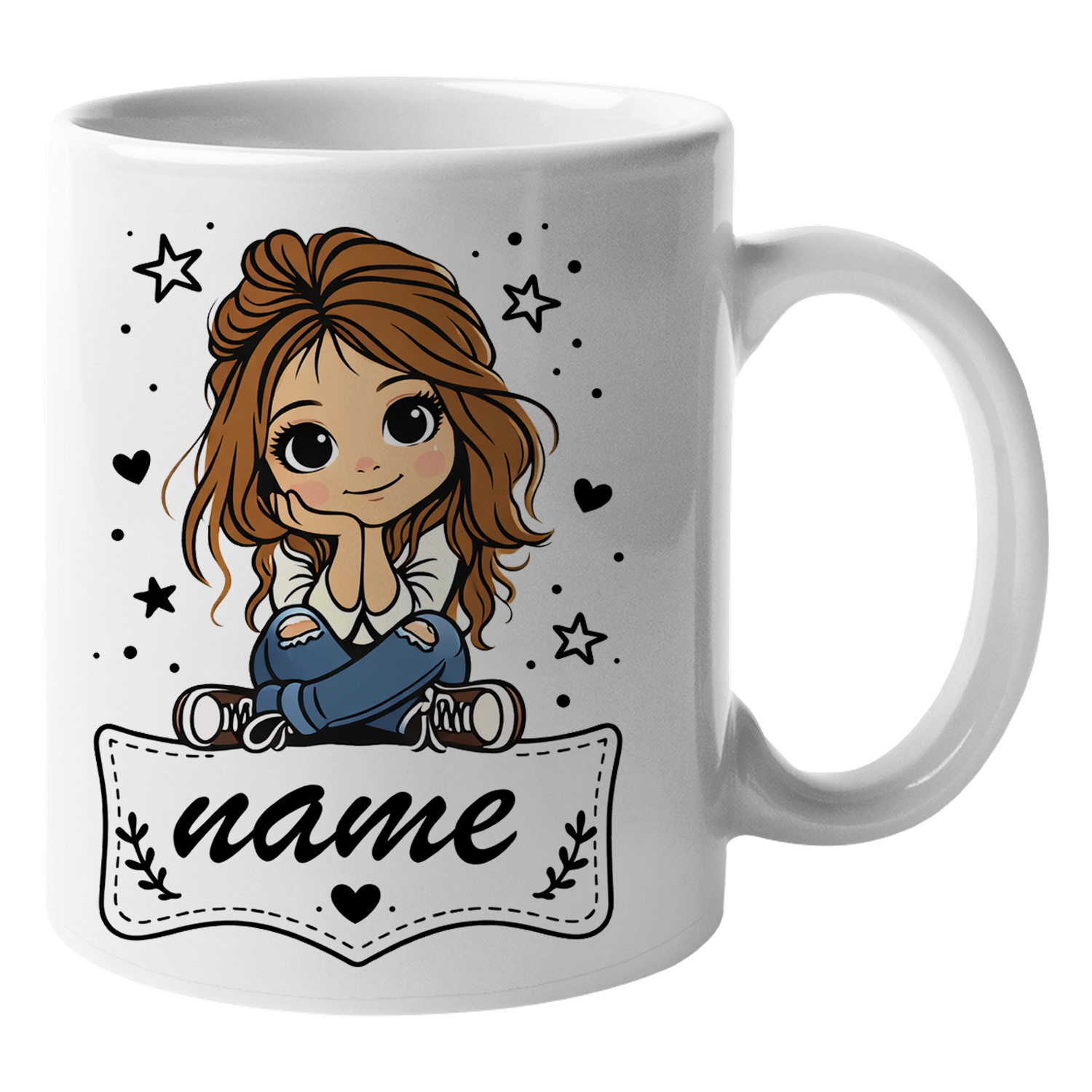 TEMU Personalised Name Ceramic Coffee Mug 11oz - Customized Cute Cartoon Girl Illustration Mug With Stars Hearts And Design Tea Cup Unique Birthday