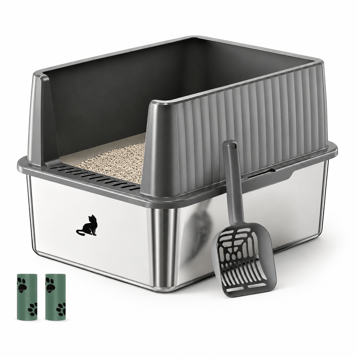 Stainless Steel Cat Litter Box With Lock – 2 Sizes (44x34x30 / 60.3x40x31cm) | Hygienic, Scratch-resistant & Easy To Clean | . 4 Anti-slip Pads + 1 | Less Litter, More
