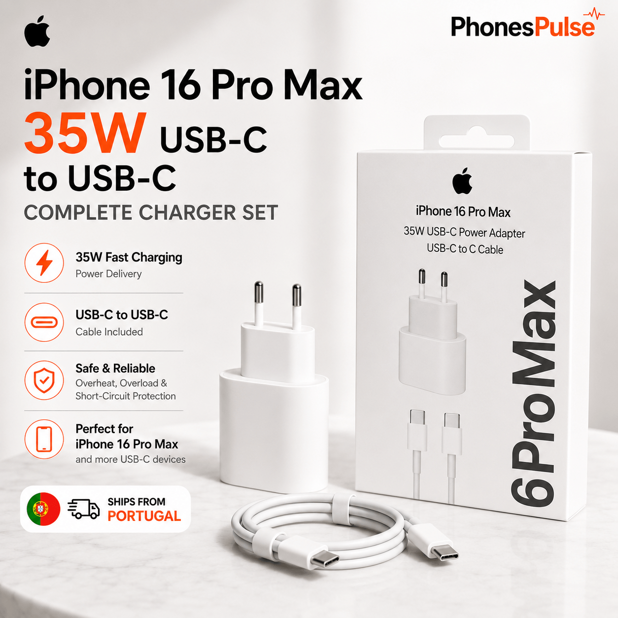 TEMU Cargador completo Apple iPhone 16 Pro Max 35W USB-C a USB-C para serie iPhone 15/16, iPad Pro/Air/Mini, MacBook, Samsung, Xiaomi – Cable de