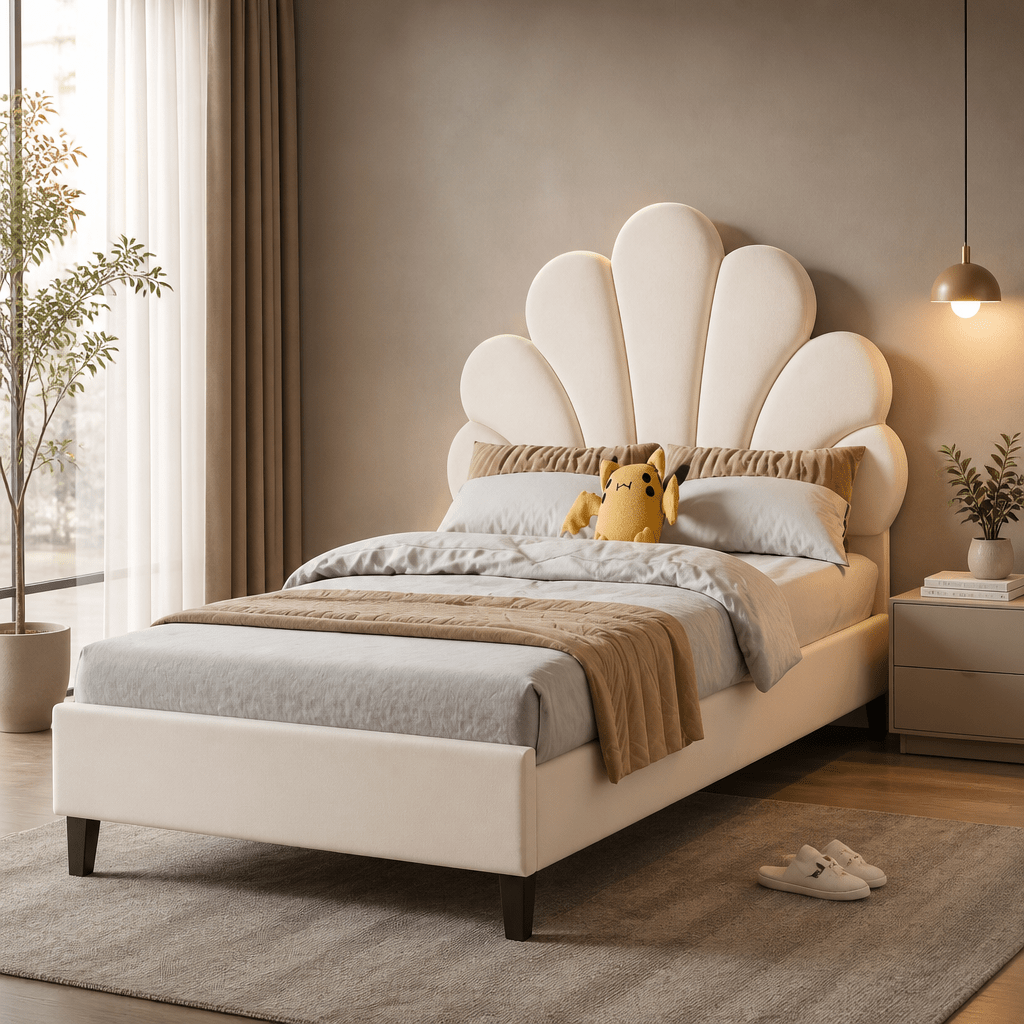 TEMU Cheminée de lit en bois avec garantie, lit simple et pour adolescents, universel, rembourré, 90X200Cm, tête de lit en velours avec motif floral,