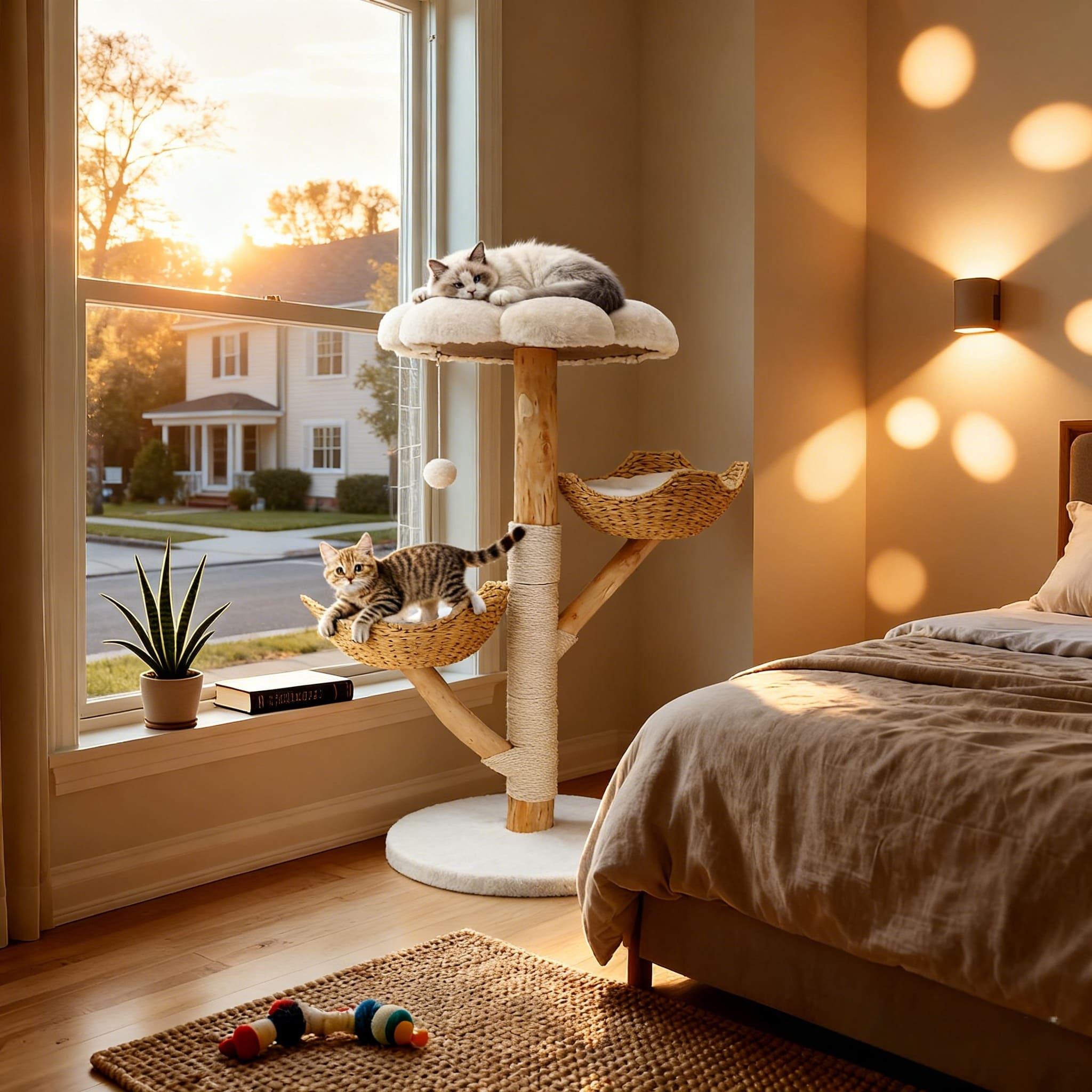 Image of 111 Cm Cat Tree With Natural - Cat Furniture With Toy Ball And Cat Condo, Cat Climbing Tree, Cat House, Cat Scratching Tower, Solid Wood Material