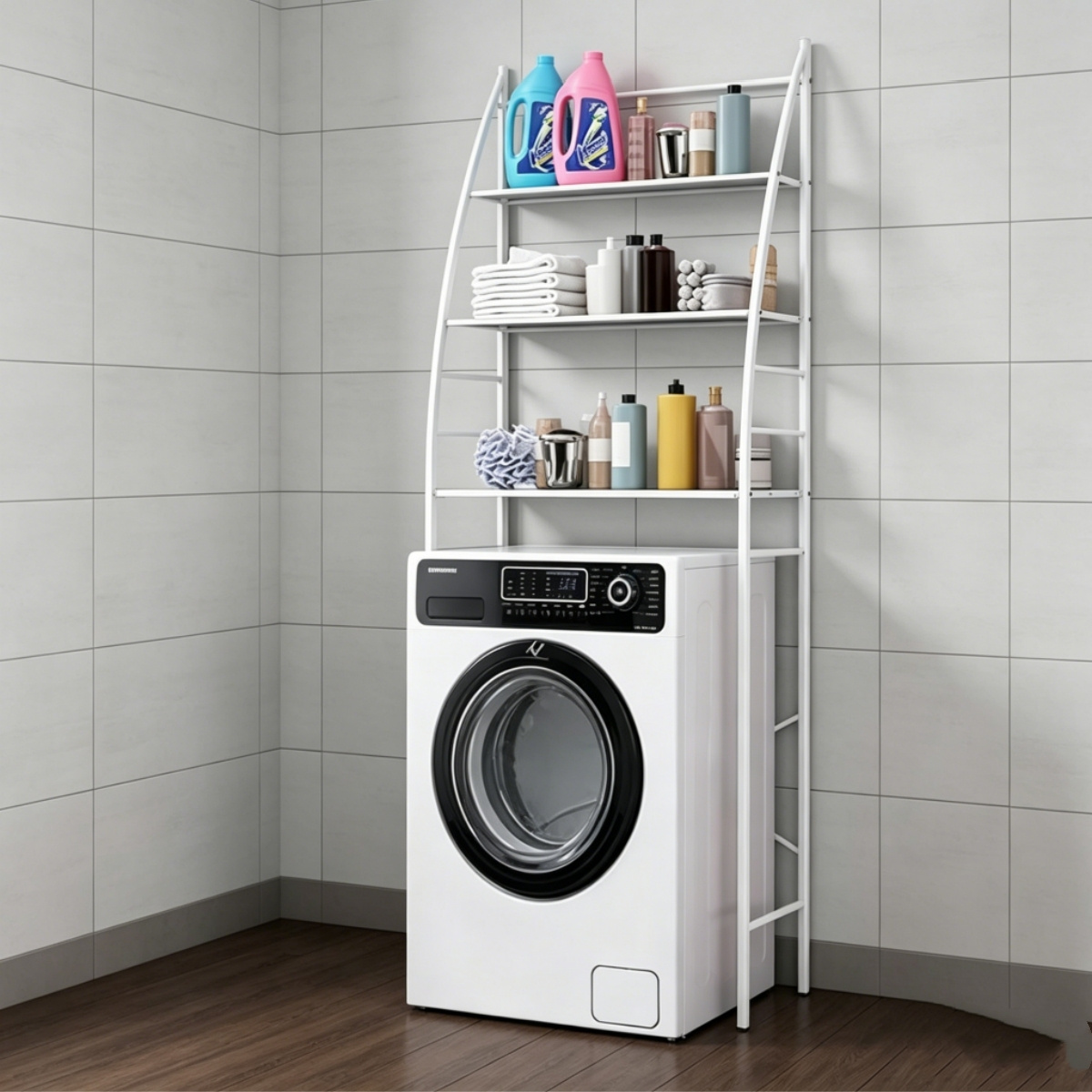 TEMU Hw Casa Washing Machine Shelf 65x25x166cm, Space-saving White Metal Shelf With 3 Tiers, Ideal For Bathroom And Laundry Room
