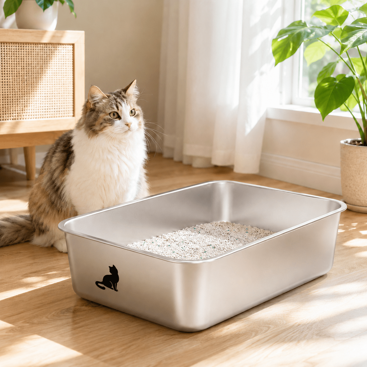 Stainless Steel Litter Box – 3 Sizes (40x30x15 / 50x35x15 / 60x40x15 Cm) | Hygienic, Scratch-resistant & Easy To Clean | Includes 4 Non-slip Pads + 1 | For Small, Medium & Large Cats