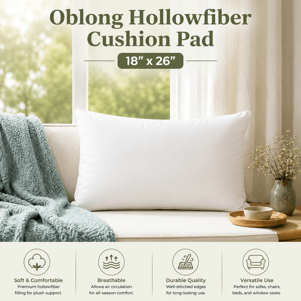 TEMU T2 Oblong Cushion Pad Insert 18'' X 26'' Filled With Soft Hollow Fiber Filling For Sofa Chair Bed And Decorative Cushions