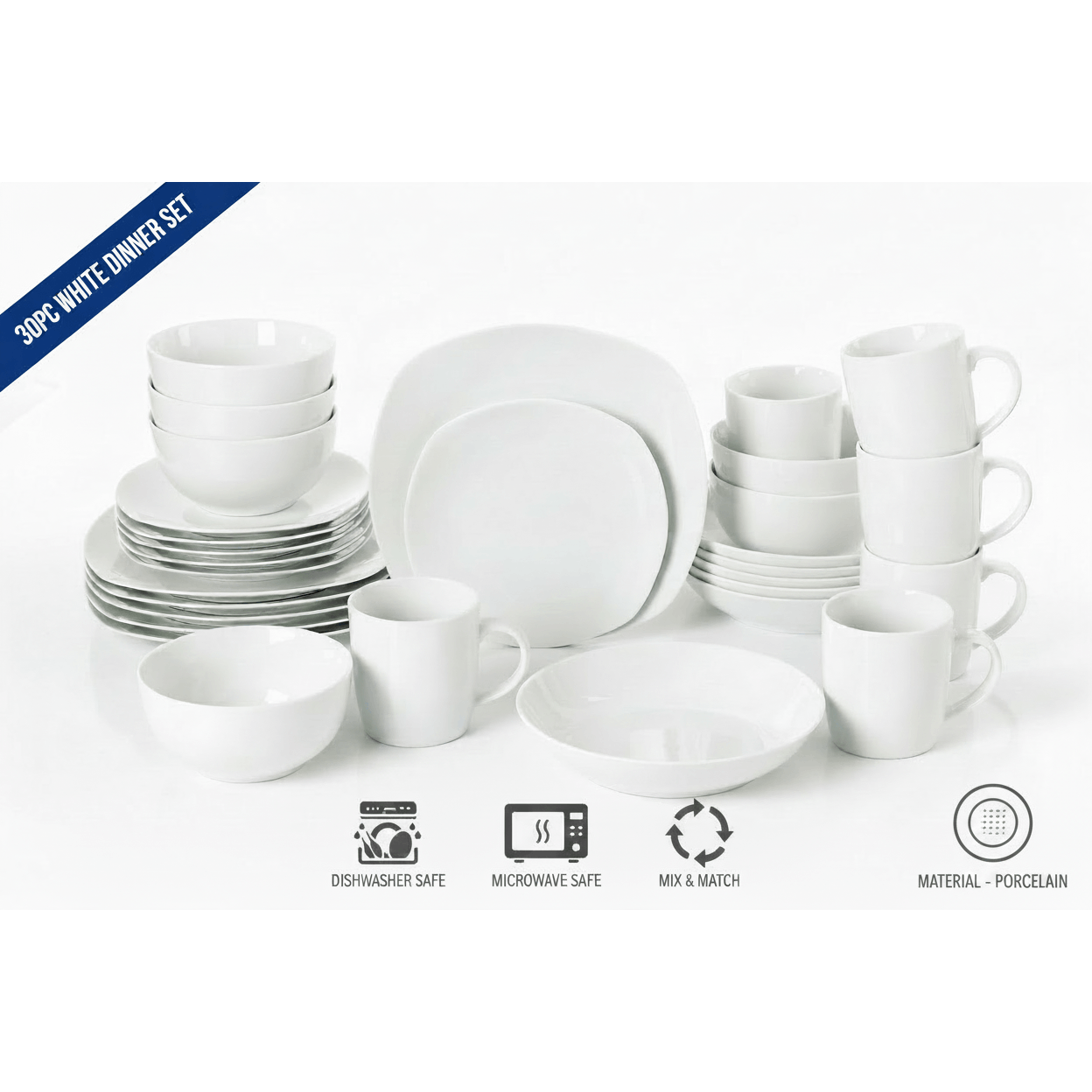 TEMU *** Special Bulk Offer **** 30pcs Waterside Porcelain Dinner Set; 6 Dinner Plates - 26.5cm 6 - 19cm 6 Soup Bowls - 6 Deep Bowls - 14cm 6 Mugs -
