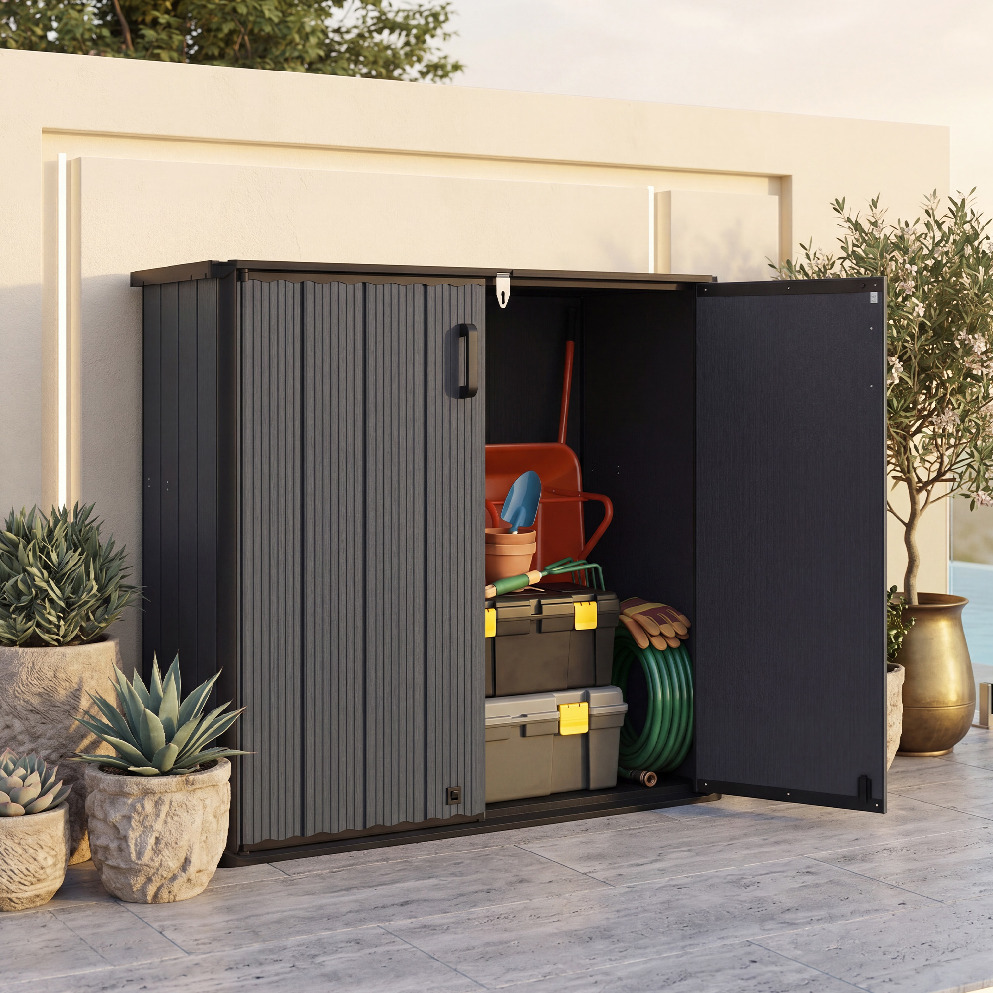 Outdoor Storage Shed With Floor, Lockable Door And Handles, Garden Tool Storage Box With 2 Doors