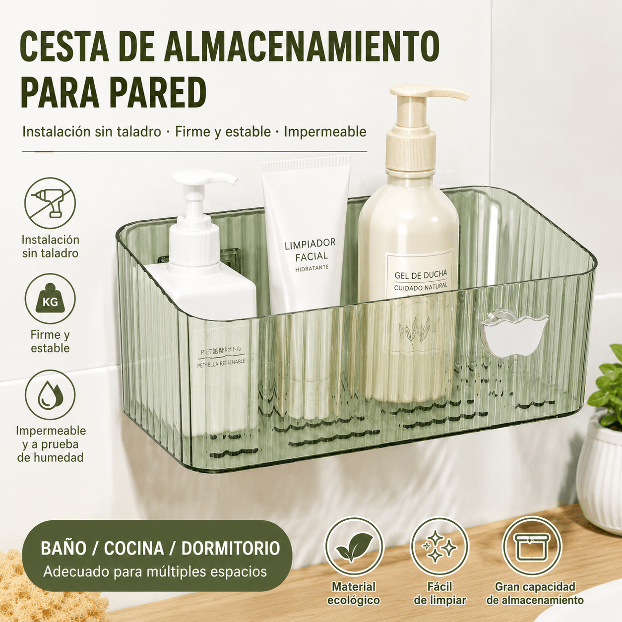 TEMU Cesta Organizadora Adhesiva para Pared, Sin Taladro, Gran Capacidad,Organizador de Baño