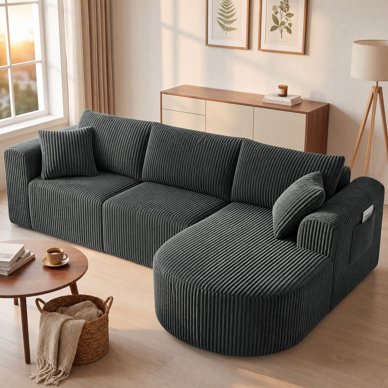 Image of Luckracer Corner Sofa With Sleeping Function, Corduroy Modular Boneless Couch With Chaise Longue, L-shaped Sleeper Sofa, Sectional Sofas With Cushions & Side Pockets, Sofa For Living Room, No .