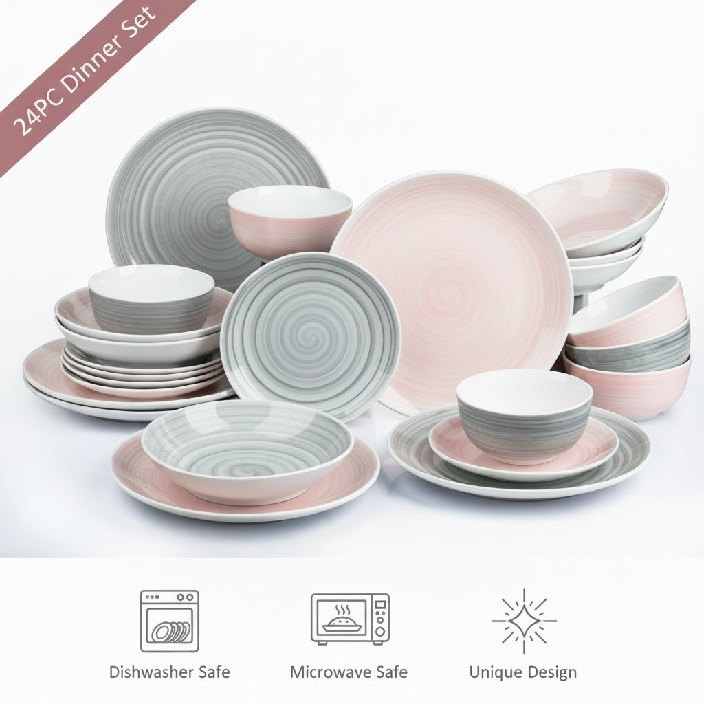 TEMU *** *** Waterside 24pcs Grey And Pink Porcelain Dinner Set; 6 Dinner Plates 6 6 Deep Bowls 6 Pasta Bowls - Dishwasher & Microwave Safe