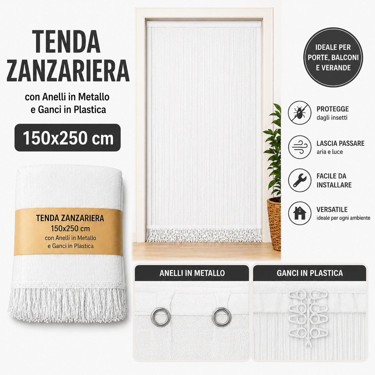 TEMU Zanzariera Rete con Anelli 150x250 per Porta Finestra Esterno