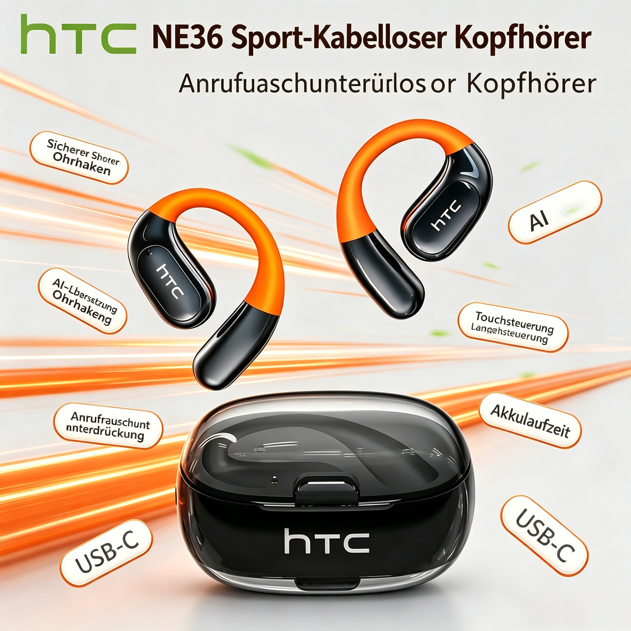 Image of Htc Ne36 Wireless Wireless Earbuds Featuring Led Lights, Real-time Translation 135 Languages, , Effective Noise Cancellation, An Open-ear Design, Usb-c Charging, Extended , And Translation