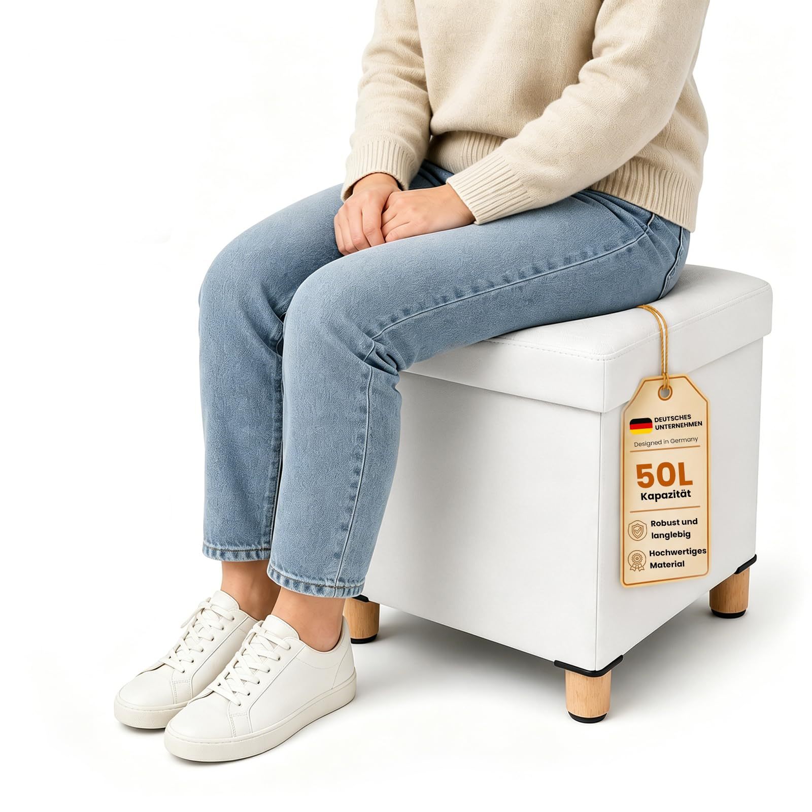 Stool With Storage, Folding Seat Stool, Footstool With Solid Wood Legs, Non-slip Pads, Ottoman For Living Room, Bedroom, Bathroom (l:38 * W:38 * H:40 Cm)