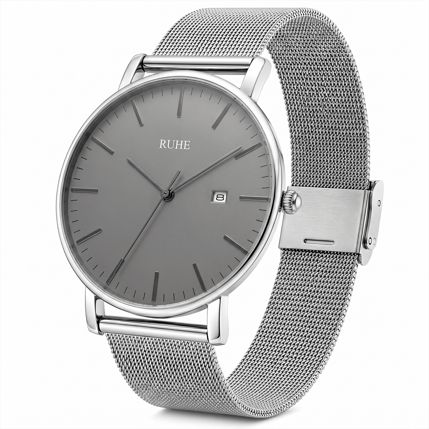 Ruhe Minimalist Quartz Watch For Men Women, Watch With Date Display, Adjustable Metal Mesh Strap, Slim Round Design, Business Watch For Everyday Office Leisure Gift