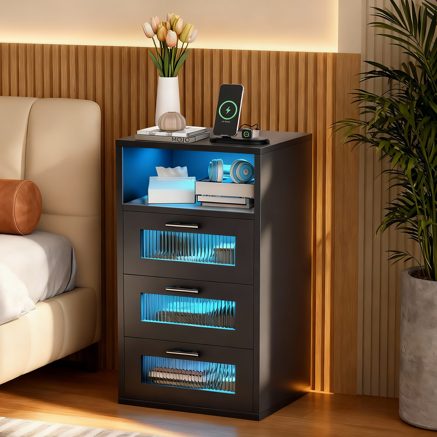 Image of Nightstand With Charging Station And Led Lighting, Modern Side Table With 2/3 Drawers, 2 Ac Outlets, And Usb Ports, Night Cabinet With Metal Handle And Glass Cabinet Doors, Black Bedside Table