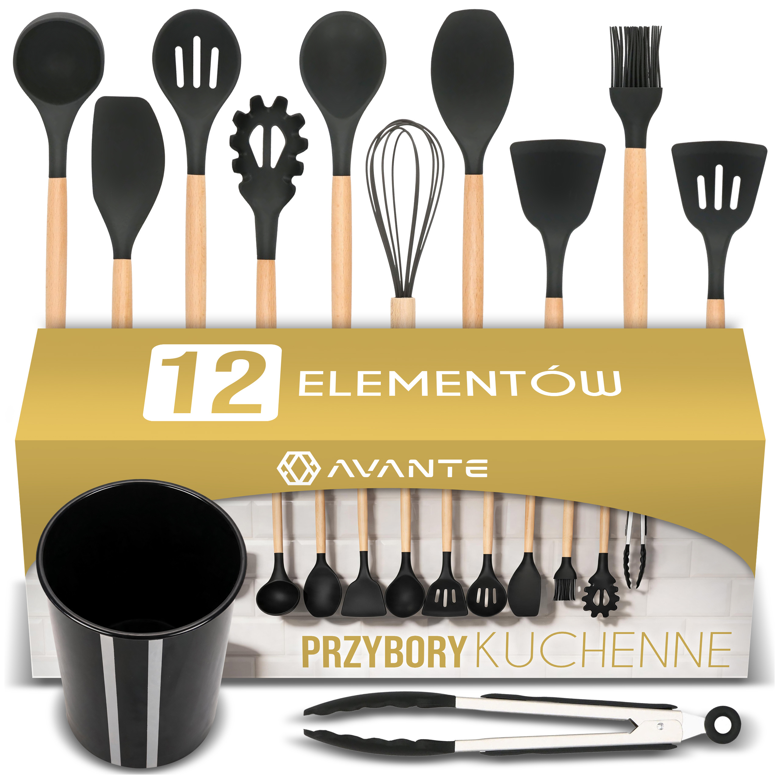 TEMU Set Of 12 Xxl Kitchen Utensils Silicone Wooden Cooking Set. Kitchen Accessories On A Stand For Pans And Pots. Black Cooking And Frying Set With