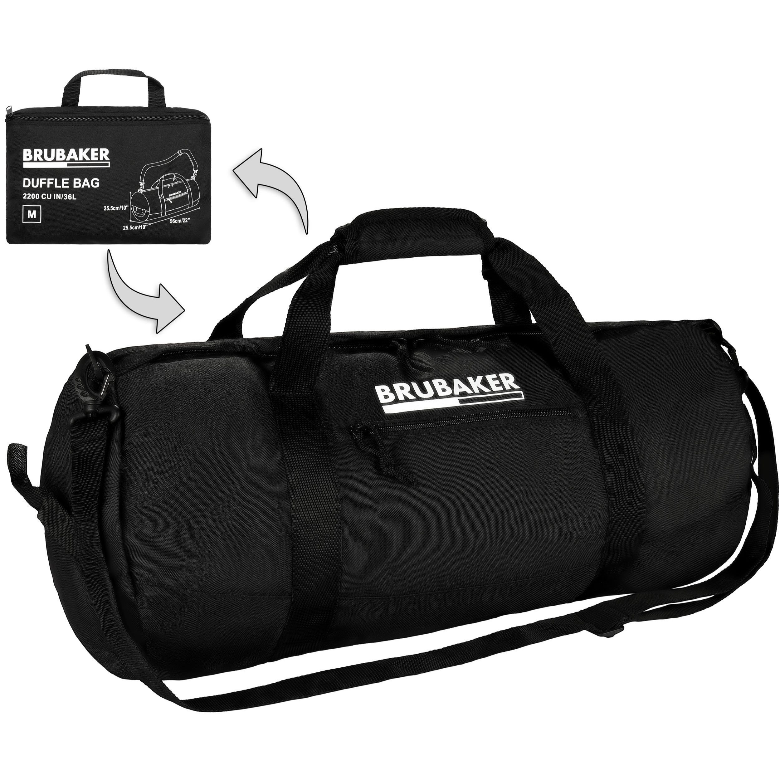 Brubaker Foldable Travel Bag - Black Duffle Bag - Convertible Weekender Sports Bag - Lightweight Folding Bag