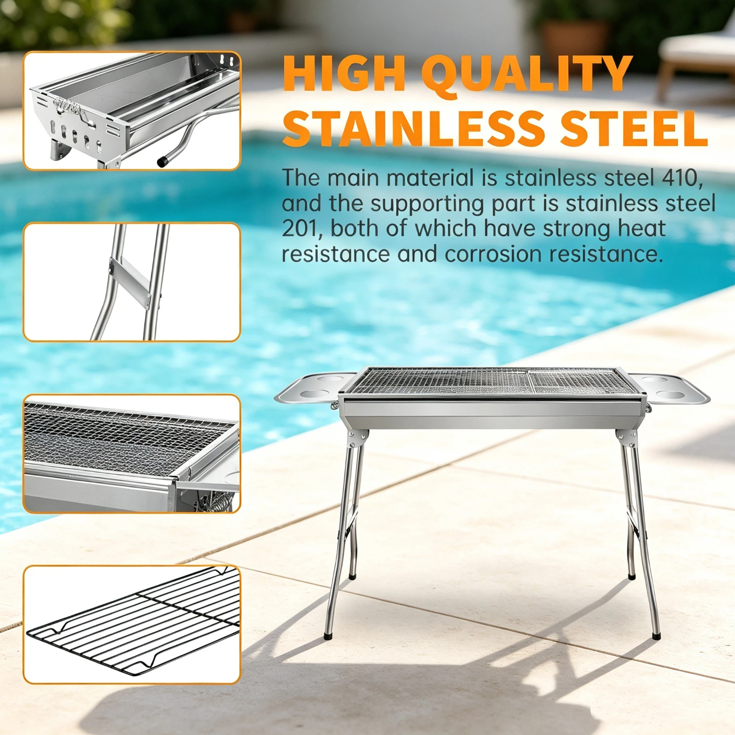 Image of Stainless Steel Bbq Charcoal Grill 110x33.5x71.5cm, Grill, Foldable Xxl Portable Camping Grill, Double-layer Flip Grill For 5 People, For Outdoor Cooking, Camping, Hiking, Picnic
