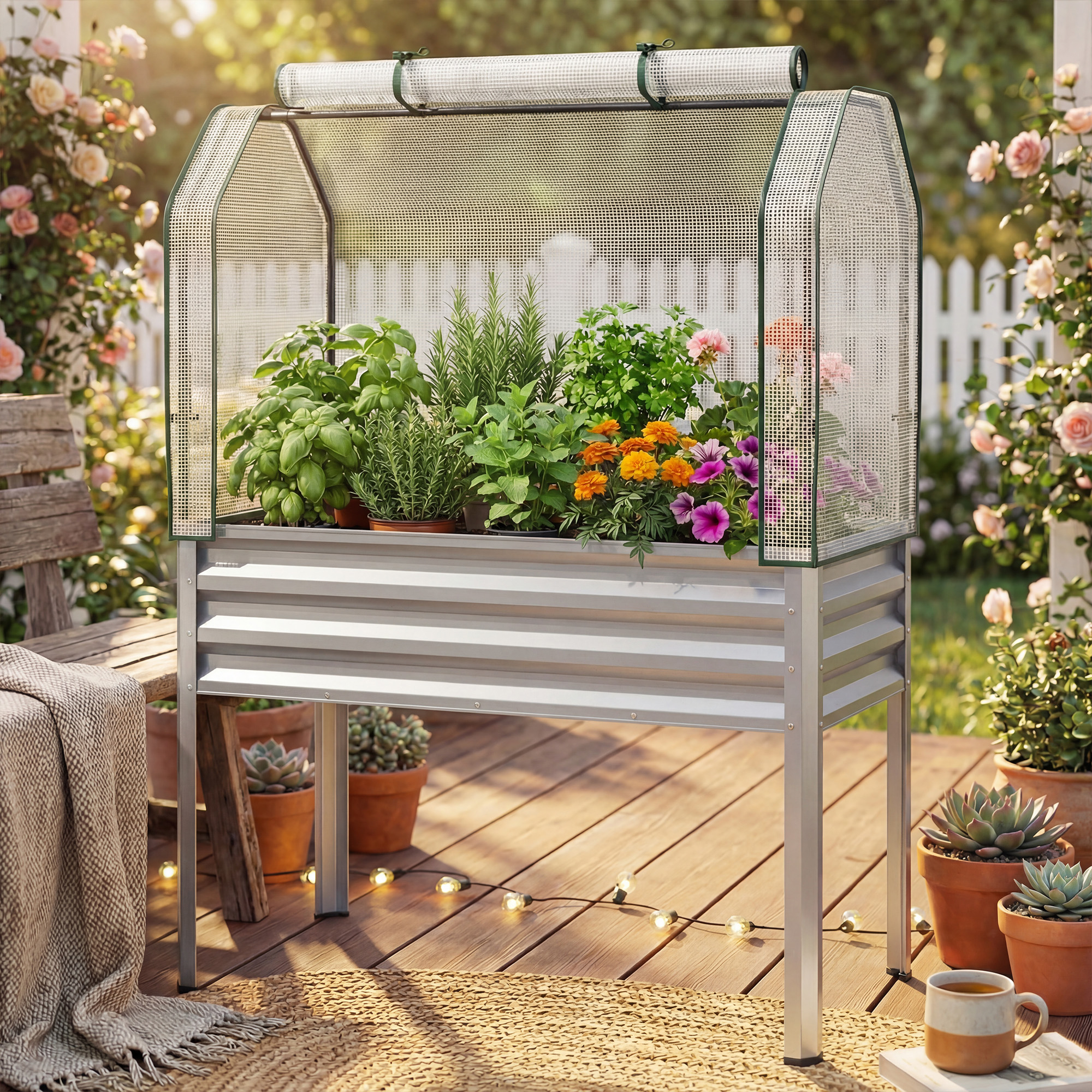 Image of Galvanized Raised Garden Bed With Legs & Greenhouse Cover, Elevated Electroplated Metal Planter Box With Roll-up Door, Outdoor Mini Greenhouse For Vegetable Flower Patio Balcony, 112 X 55 X 152 Cm