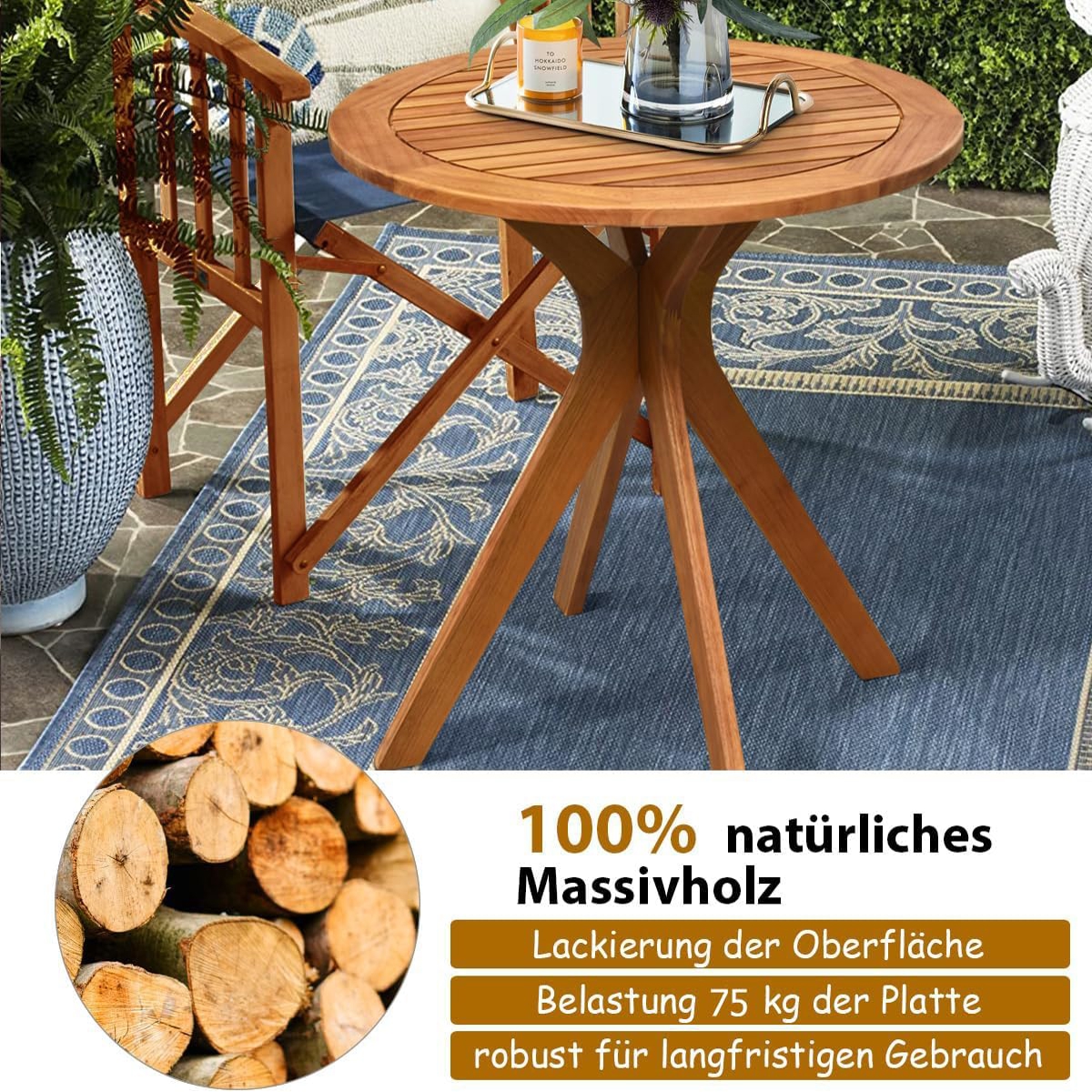 70cm Round Outdoor Dining Table, Solid Acacia Wood Patio Side Table With Stable X-shaped Base, 75kg Weight Capacity