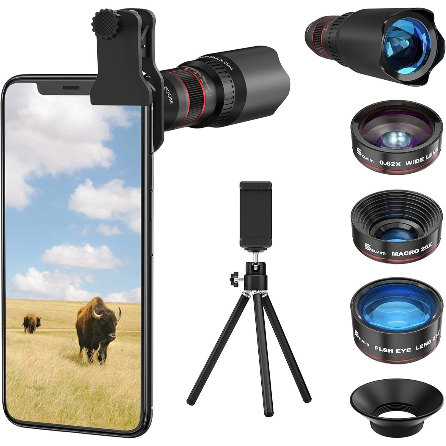 Image of 7-in-1 Mobile Lens Combo Set With Tripod: 22x Telephoto Lens, 25x Macro Lens, 0.62x Wide-angle Lens, 235° Fisheye Lens, Universal Phone Lens Kit For All Smartphones