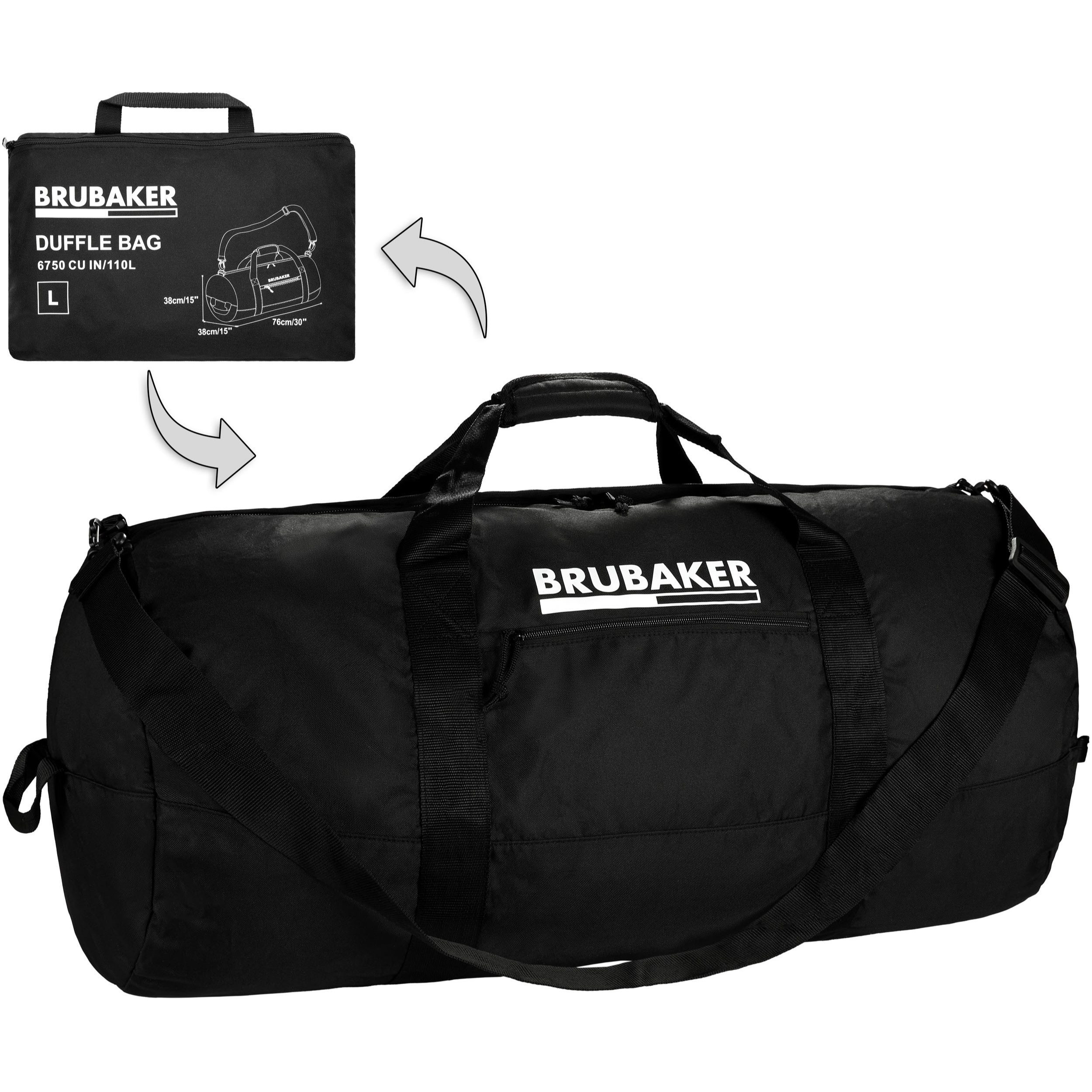 Brubaker Foldable Travel Bag - Black Duffle Bag - Convertible Weekender Sports Bag - Lightweight Folding Bag