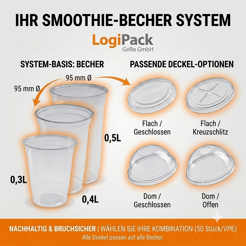 Image of 50pcs Pack Smoothie Cups 95mm | 0.3l & 0.4l & 0.5l Cups With Lid (domelid/flat Lid, Open & Closed) For Ice Coffee, Juices, Fruits & Shake