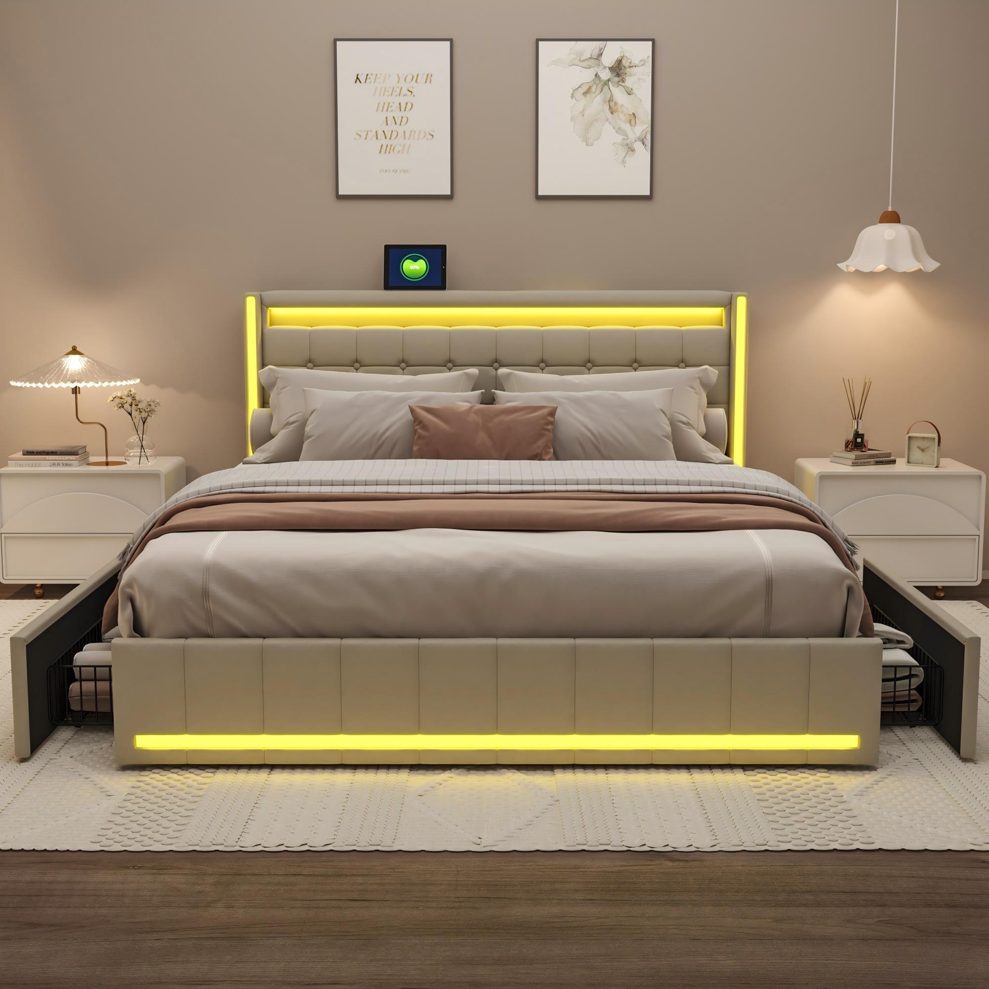 TEMU Gift For A Friend: Bed Frame With Storage, Solid Wood Bed, Double Bed Frame With Storage Function, Headboard With Led Lighting And Usb Port, 4