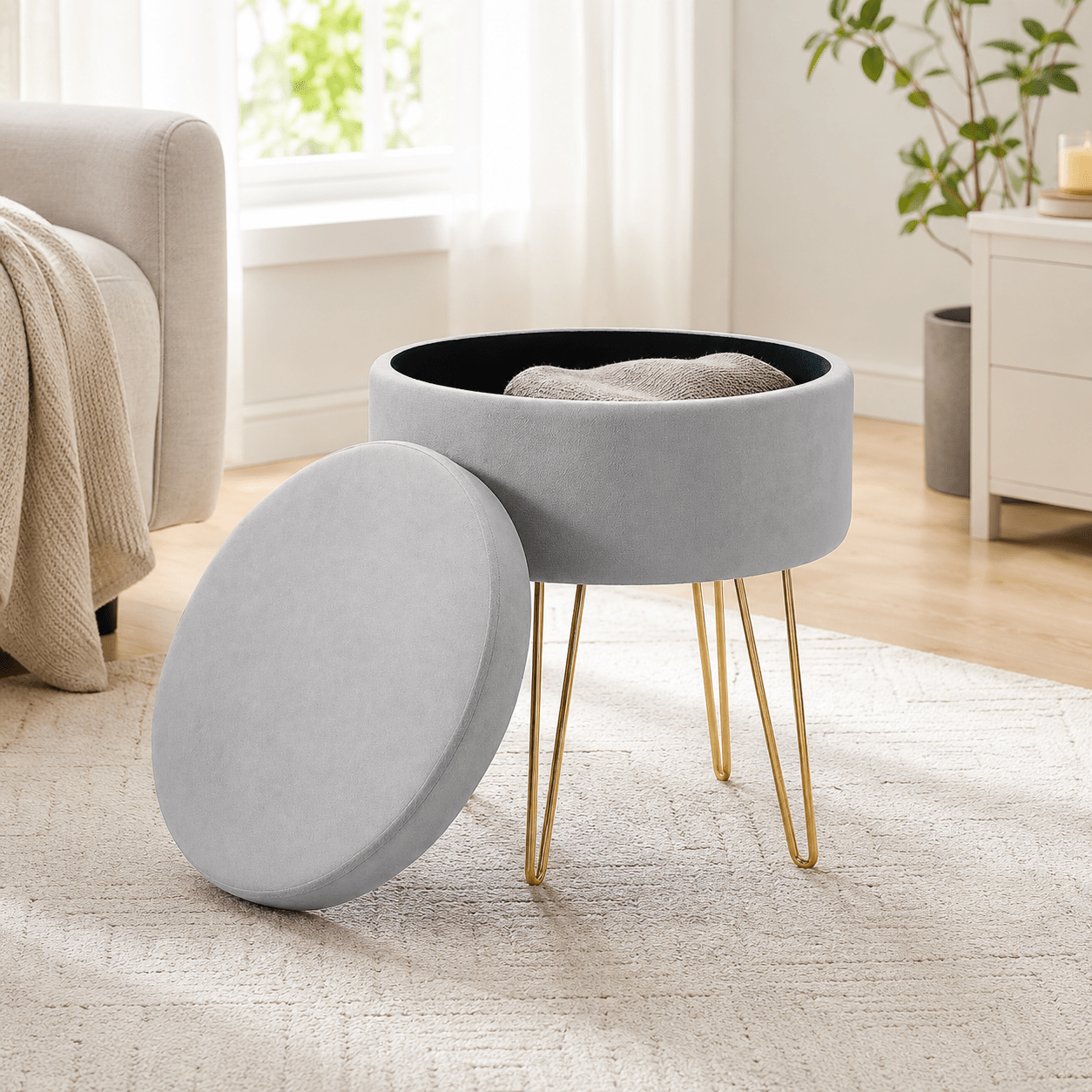 Velvet Stool With Storage & Table Function – Golden Metal Legs, X , Load 300 Kg