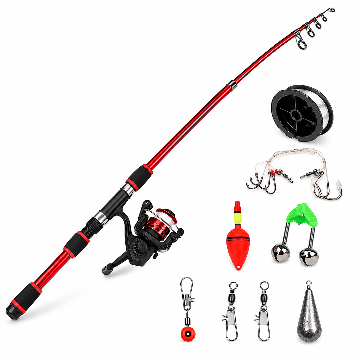 Image of Fishing Rod Set 180 Cm Telescopic Fishing Rod Red With Spinning Reel & Accessories, Portable 5-piece Fiberglass Fishing Complete Set For Sea Fishing, Beach Fishing, Freshwater, Saltwater, Carp & Perch