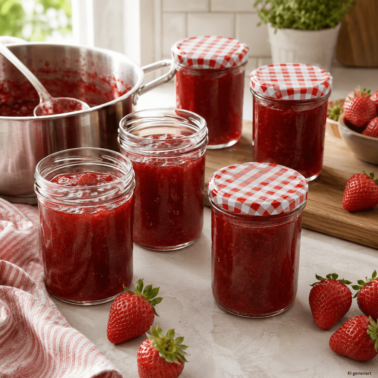 Image of 48pcs Set Of Jam Jars 435ml With To 82 Lid, Red Checked, Tumblers Made Of Glass For Canning, Preserving, Fermenting & Storing With Recipe Booklet, Canning Jar