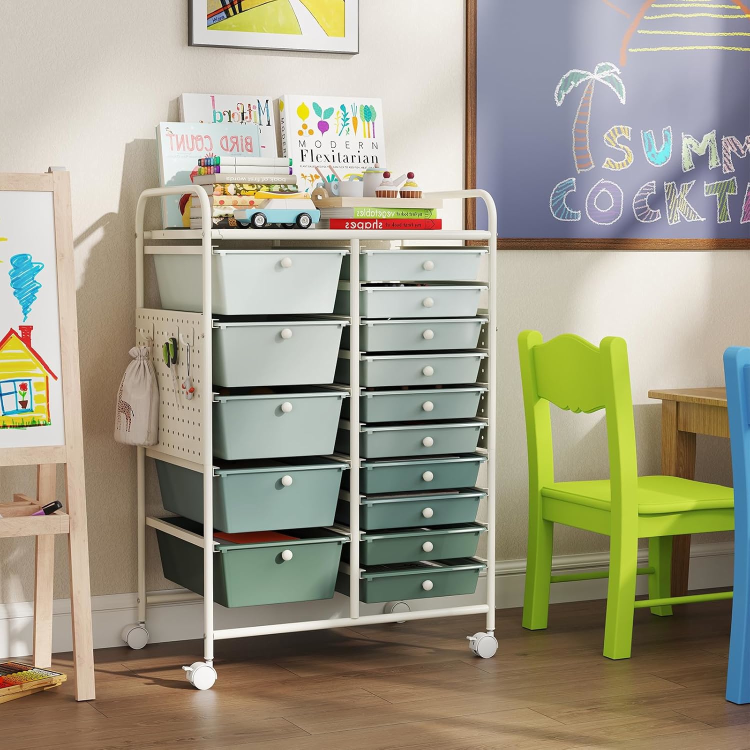 15-drawer Rolling Cart With Pegboard, Mobile Utility Organizer On Wheels With 2 Locking Brakes, Metal Framegradient Green+white