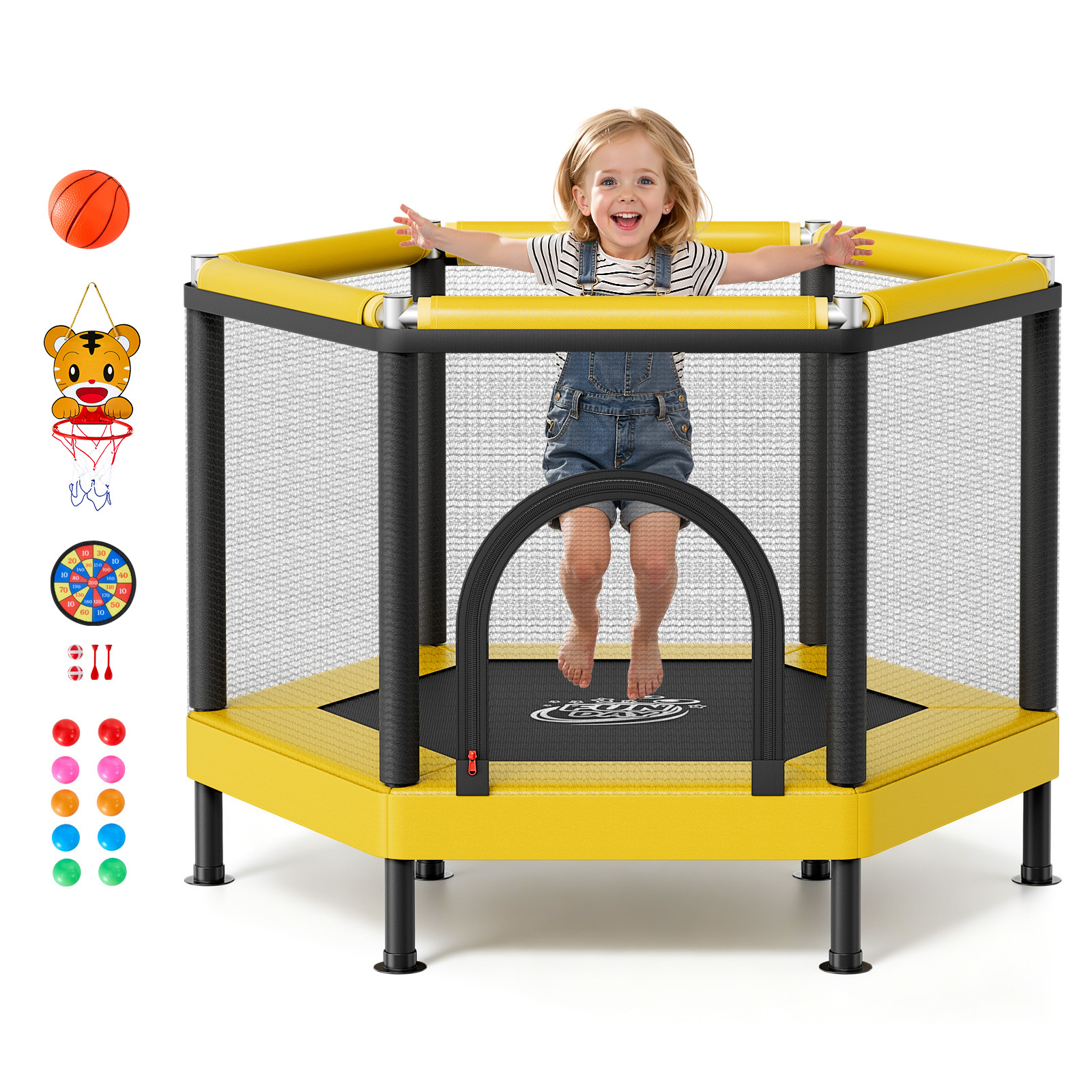 Image of Vevor Trampoline For Kids, Toddler Mini Trampoline, 60 Kg Capacity Indoor Outdoor Play Toys With Enclosure Net And Basketball Hoop, Easy To Assemble, Christmas Toys Birthday Gifts For Girls Boys