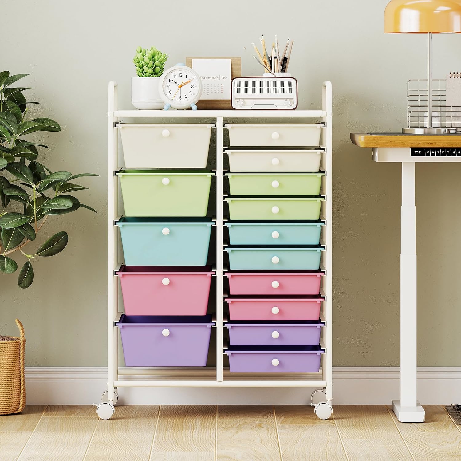 Trolley With 15 Stackable Drawers, Drawer Trolley, Household Trolley, Roll Container, Bathroom Trolley, Bathroom Shelf, 63 X 37 X 87 Cm (ice Cream)