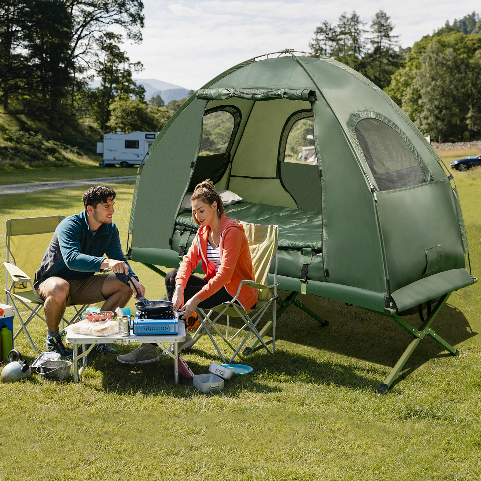 Image of 1-person Folding Camping Tent Cots For Adults, Single Folding Tent Combo With Sunshade, Portable Elevated Tent With Air Mattress, Air Pillow & Sleeping Bag For Hiking & Picnic