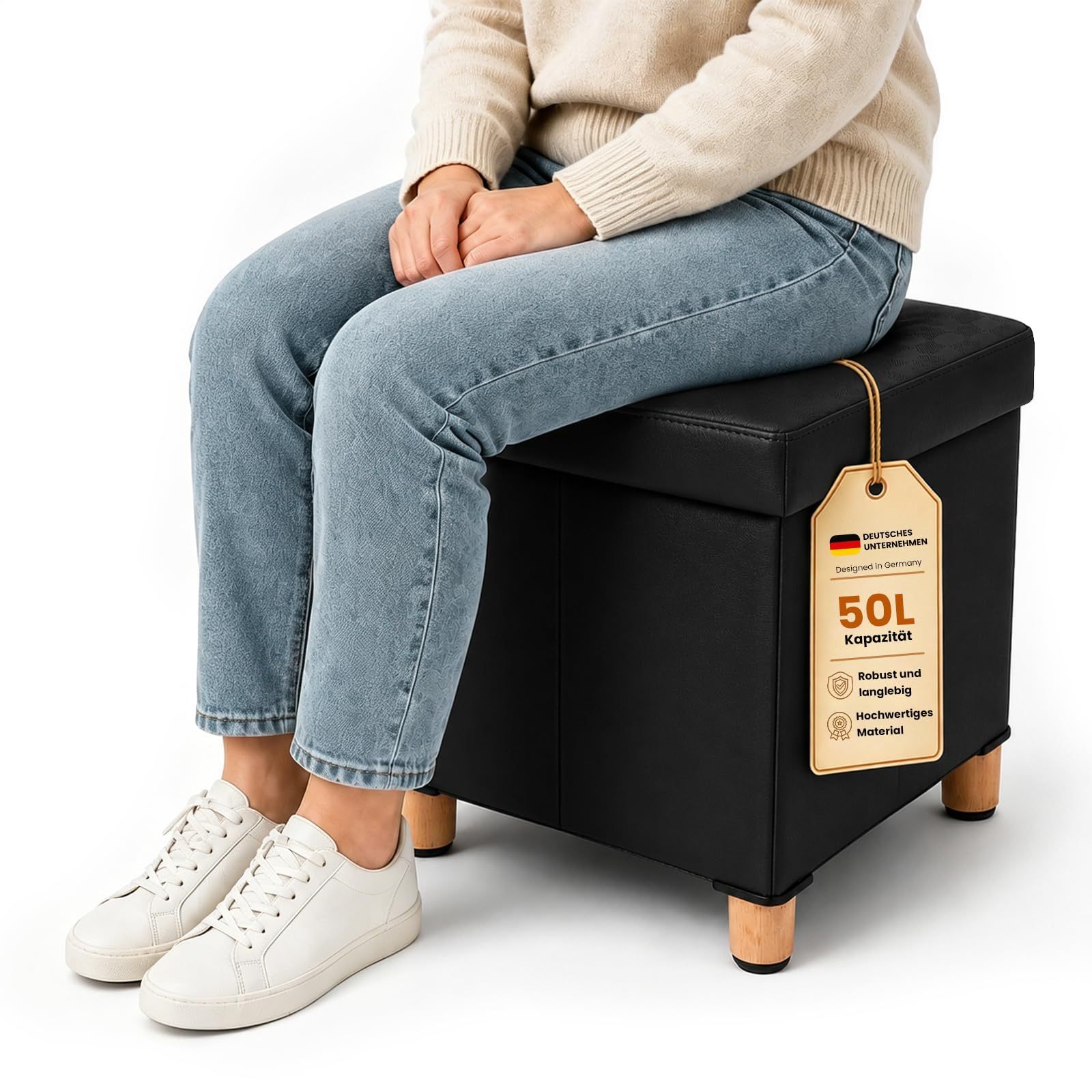 Stool With Storage, Folding Seat Stool, Footstool With Solid Wood Legs, Non-slip Pads, Ottoman For Living Room, Bedroom, Bathroom (l:38 * W:38 * H:40 Cm)