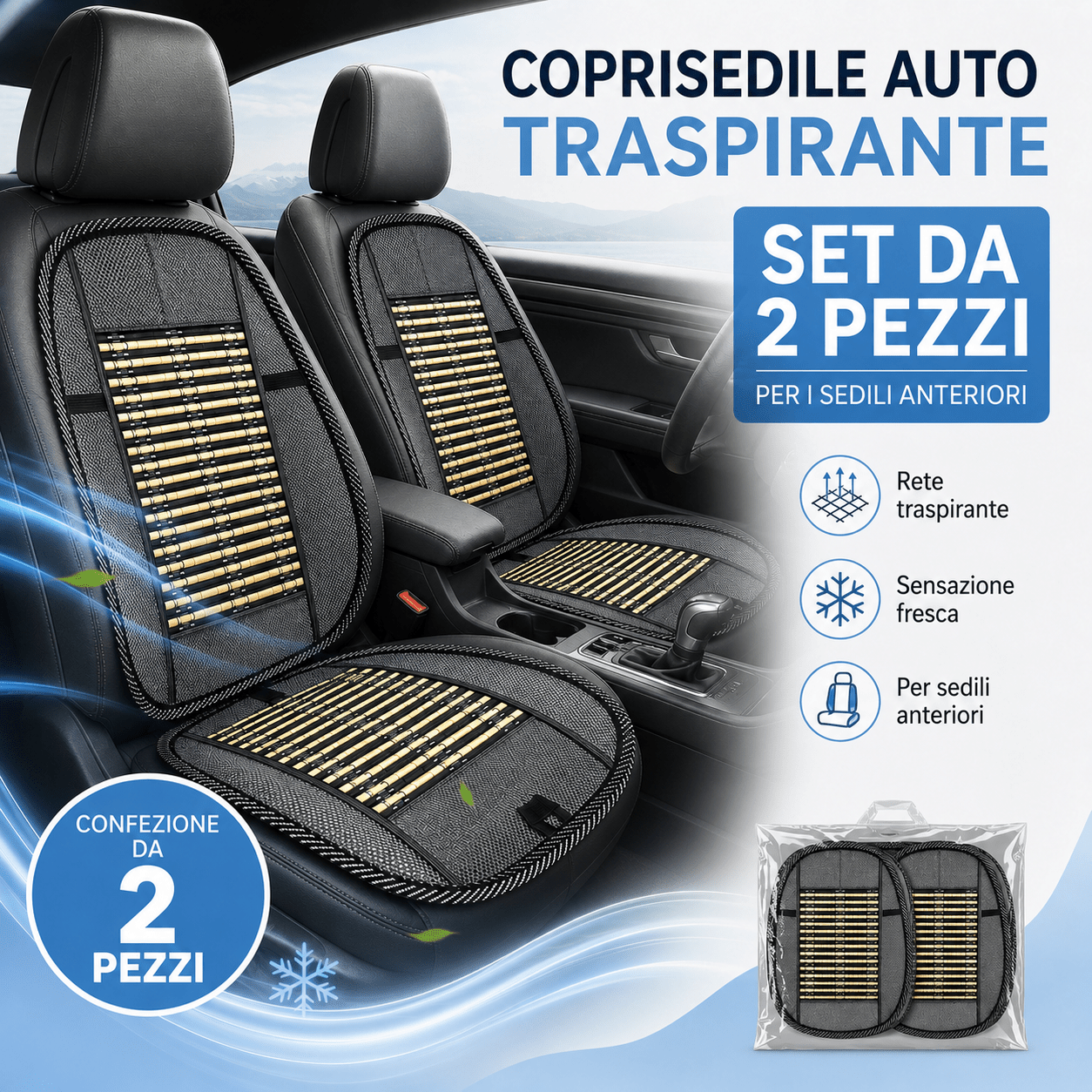 TEMU Set coprisedili auto traspiranti per sedili anteriori, fodere universali in rete fresca e con inserti bamb羅, cuscino coprisedile per auto, SUV,