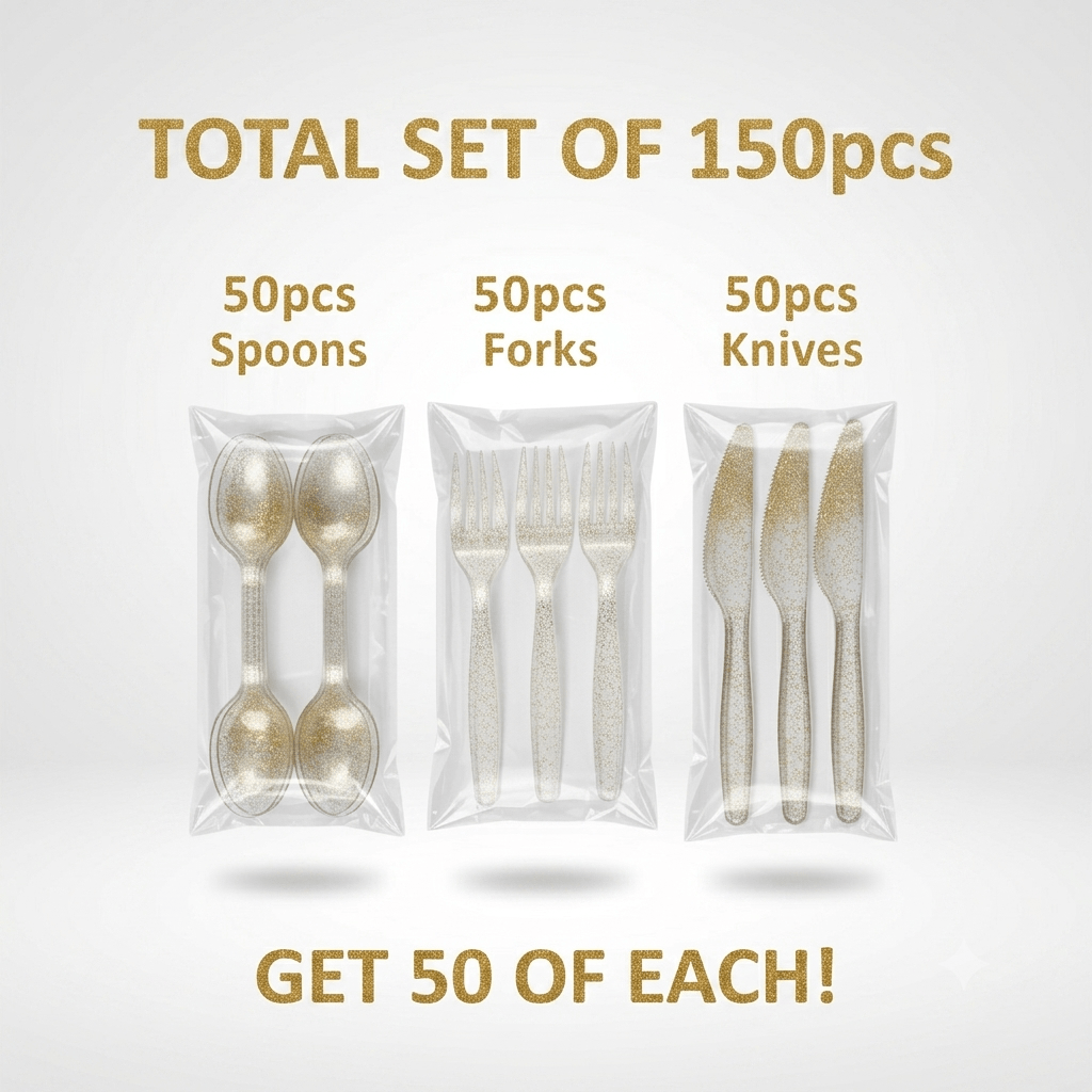 TEMU 150pcs Gold Glitter Plastic Cutlery Set 50 Forks 50 Knives 50 Spoons Heavy Duty Reusable Silverware Elegant Plastic Utensils For Weddings New