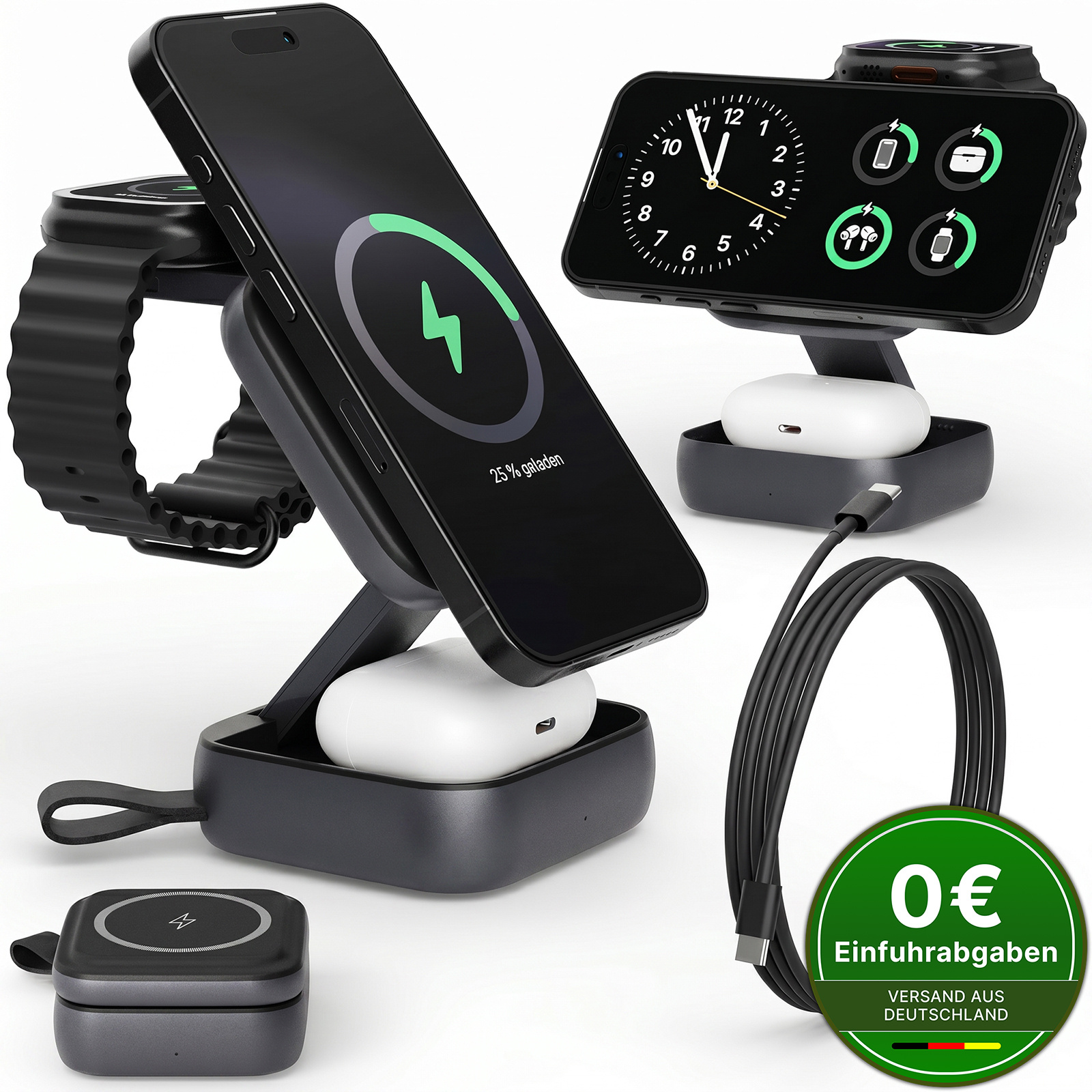 Image of 3-in-1 Foldable 15w Fast Wireless Charger For Iphone 18/17/16/15/14/13/12 Pro Max, Watch & Airpods, Magsafe Compatible Induction Charger, Compact Wireless Charging Station For Travel & Office