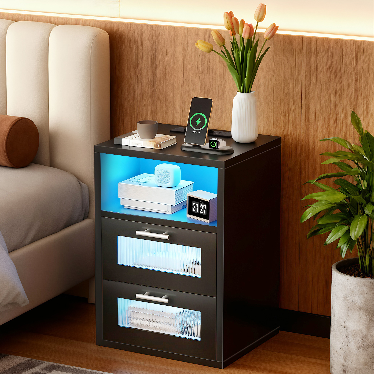 Nightstand With Charging Station And Led Lighting, Modern Side Table With 2/3 Drawers, 2 Ac Outlets, And Usb Ports, Night Cabinet With Metal Handle And Glass Cabinet Doors, Black Bedside Table