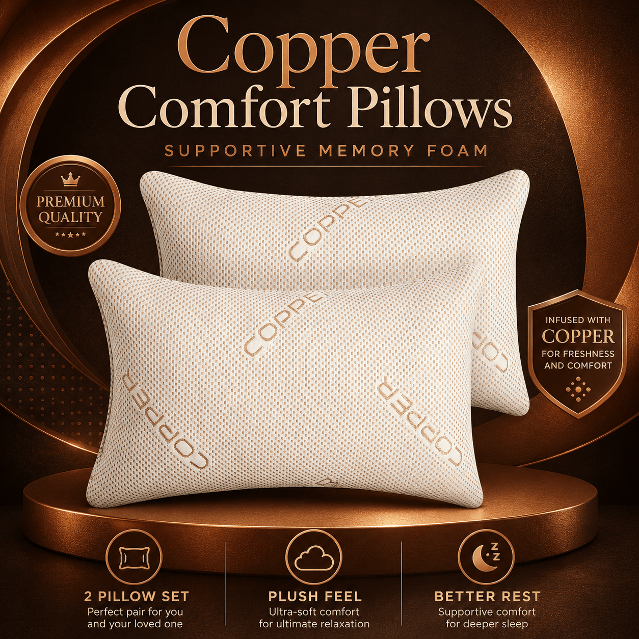 TEMU 2pk Copper Memory Foam Pillow Pair With Copper Infused Cover Soft Supportive Bed Pillows For Breathable Bedroom